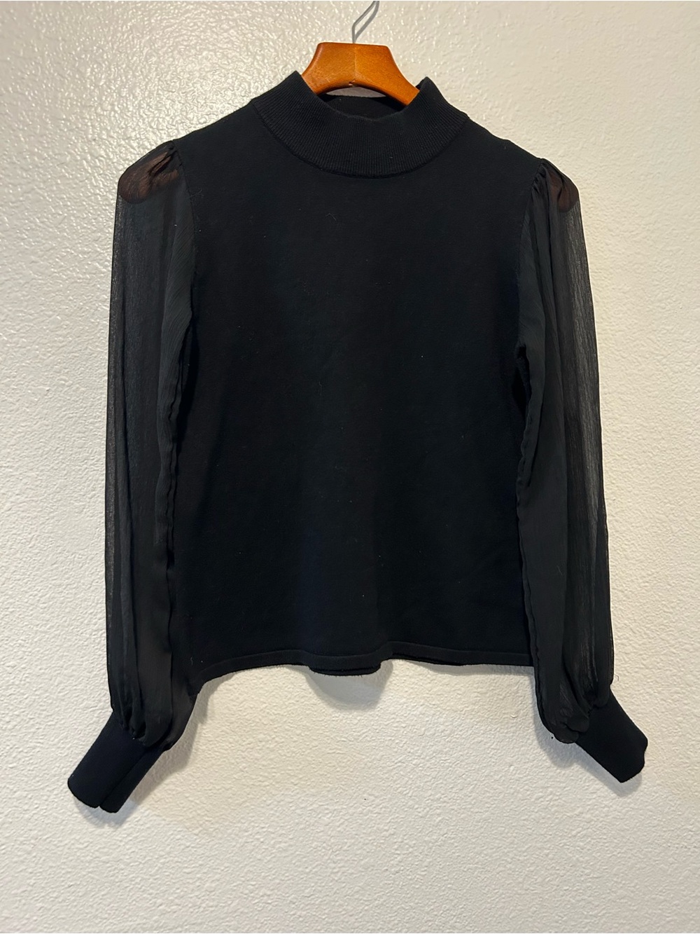Carmen Marc Valvo Black Mock Neck Top with Sheer Long Sleeves